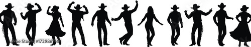 Cowboy silhouettes dancing, western line dance group, country music party, rodeo style performance, wild west culture, boots hats rhythm