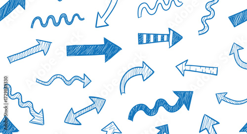 Collection of blue hand drawn arrows and wavy lines on a white background.