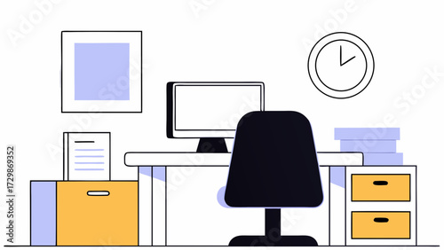 office for business workplace design, including desk, chair, computer, laptop, monitor, and other equipment