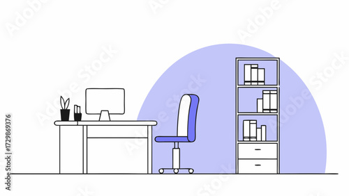 Modern office interior design with contemporary furniture, computer desk, and shelf illustration