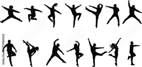 Dance silhouettes, male and female dancers, dynamic poses, expressive choreography, jumping figures, artistic movement, stage performance, body posture, motion study, illustration art
