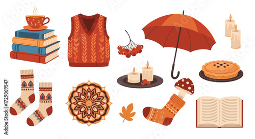 Autumnal Cozy Collection - Books, Sweater, Umbrella, and Comforting Elements.