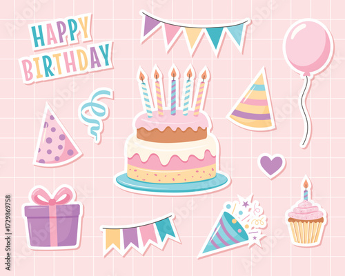 Birthday party stickers. Birthday elements set. Vector illustration