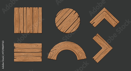 Collection of rustic wooden shapes and game assets.