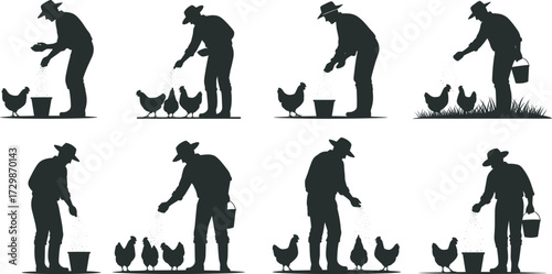 Farmer feeding chickens silhouette, rural agriculture scene, poultry care, black vector icons, bucket holding pose, traditional farming, livestock, countryside, daily work
