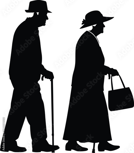 Elderly couple silhouette walking together, senior man with cane, old woman with handbag, aging companionship, retirement life, healthcare, mobility support