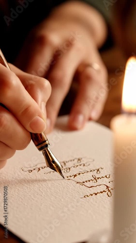 Close-up of a hand writing with a wooden fountain pen on textured paper illuminated by candlelight