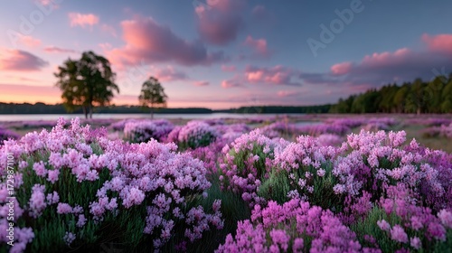 Vibrant Lavender Field at Sunset Under Dramatic Sky with Trees and Distant Forest