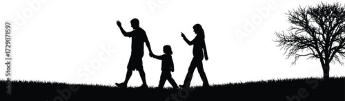 Family silhouette walking outdoors, father holding child hand, mother using mobile phone, leafless tree, nature background, parenting, technology, lifestyle, autumn