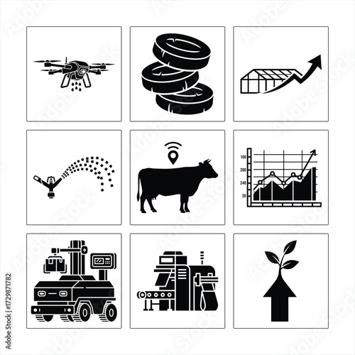 Agricultural Technology And Innovation Black Pictograms Set For Modern Farming Solutions And Productivity