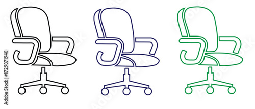 Ergonomic Office Chair Vector Illustration – Adjustable Desk Chair Line Icons for Workspace, Business Graphics, Furniture, and Workplace Design
