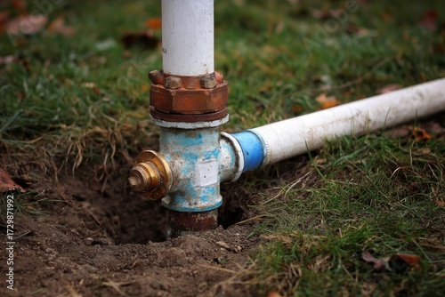 Wallpaper Mural Exposed plumbing pipe with corrosion and a brass valve in dirt Torontodigital.ca