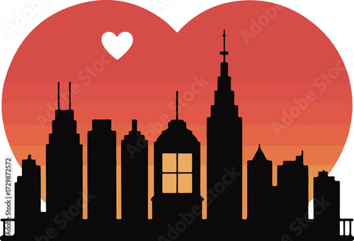 City skyline silhouette with heart symbol 