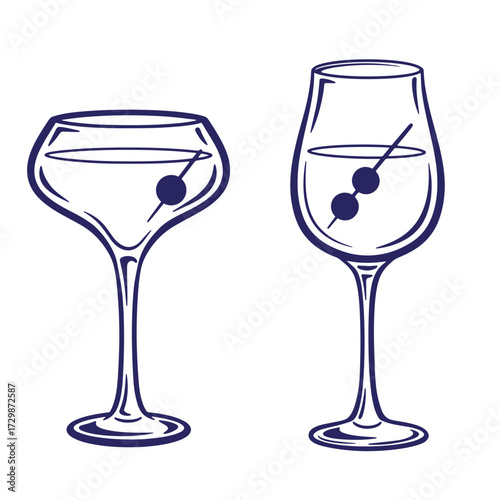 Elegant cocktail glasses vector illustration with olives depicting alcoholic drinks for celebration