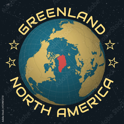 Greenland on Globe. Country name round text. Vintage look with grunge scratched texture. Country view on world map in Sky Blue Light Yellow color palette. Greenland shape on map.