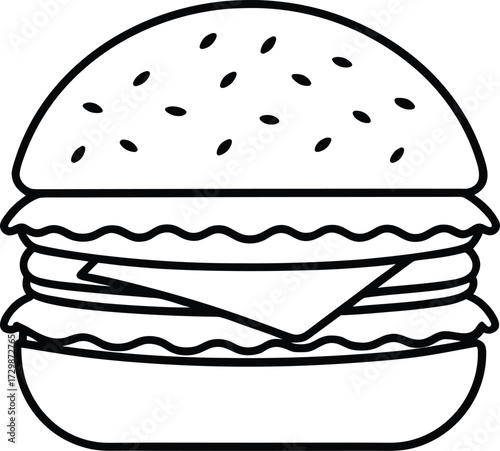 burger with cheese and lettuce line art on transparent background