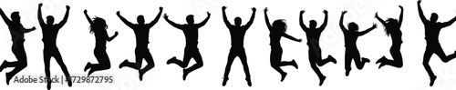 Silhouette group of people jumping, celebrating success, teamwork unity, happiness freedom, energetic crowd, joyful lifestyle, motivation concept, active youth, positive energy