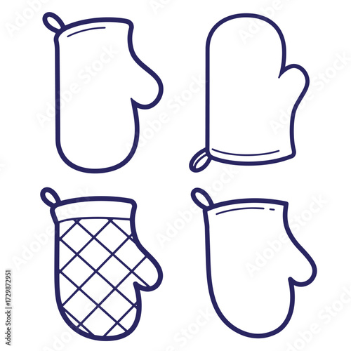 Four isolated oven mitts vector illustrations in a simple outline style ready for cooking