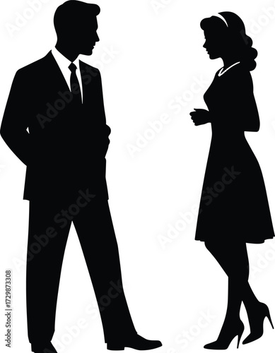 Silhouette man and woman facing each other, elegant couple interaction, business attire, formal dress, romantic connection, stylish posture, communication, fashion concept