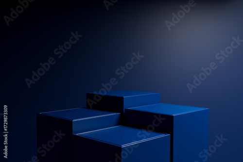 4 steps of empty dark blue cube podium, showcase product, 3d render	
