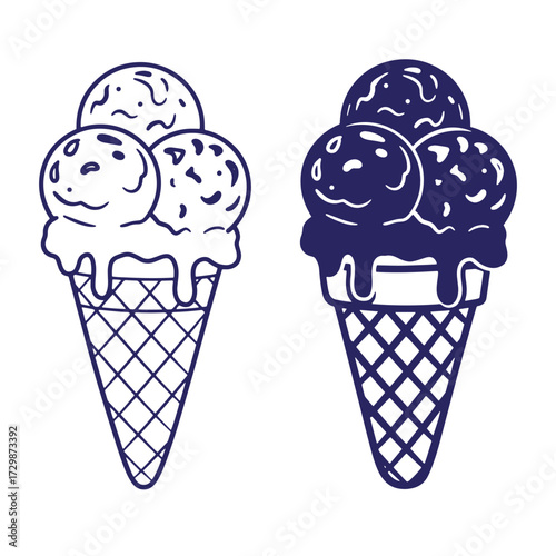 Hand drawn ice cream cone illustrations showcasing different flavors and styles in two colors