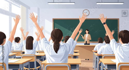 Students Raising Hands in Classroom Illustration