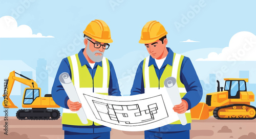 Construction workers reviewing blueprints on site