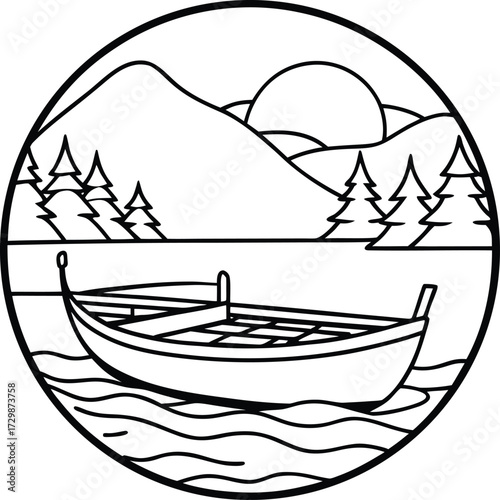 calm lake with rowing boat line art on transparent background