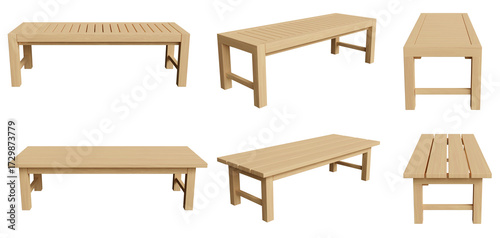 Wooden benches set for park or garden isolated on white background. seat, bench from wood for comfortable rest outside. 3d render