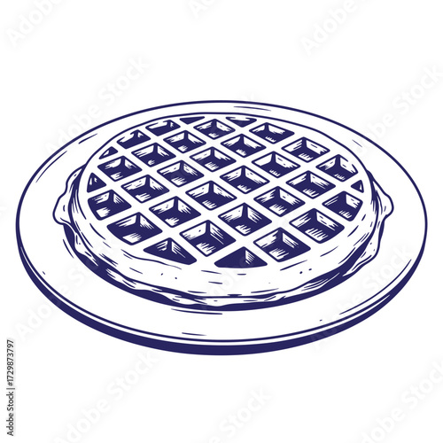 Hand drawn illustration of a delicious belgian waffle served on a plate ready for breakfast