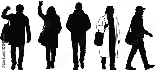 Silhouette people walking with bags, urban lifestyle, diverse postures, modern fashion, city commuters, casual clothing, teamwork, individuality, travel, street photography