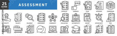 Assessment icon set. Containing checklist, feedback, requirement, approved, comparison, evaluation, authenticity, report and more. Outline vector icons collection