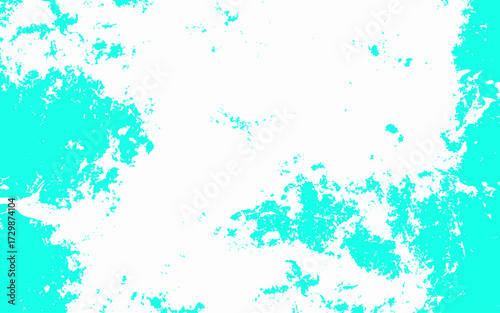 Abstract cyan and white grunge texture background with splattered paint effect. Bright aqua tones scattered across a clean white surface. Rough textured areas resemble ink blots, watercolor stains