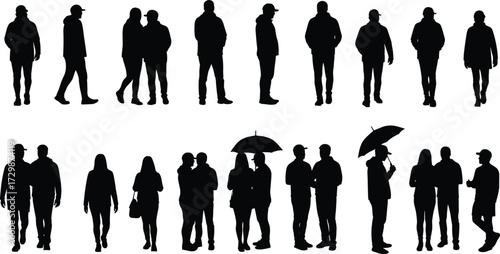 Silhouette people walking, standing, holding umbrellas, urban crowd scene, rainy day, human figures, group interaction, lifestyle concept, black outline illustration