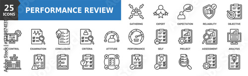 Performance review icon set. Containing management, gathering, expectation, reliability, objective, performance, self, analysis and more. Outline vector icons collection