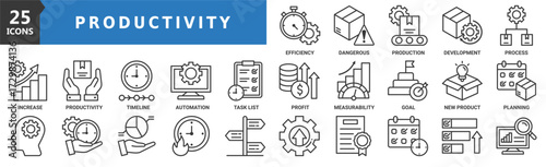 Productivity icon set. Containing efficiency, dangerous. production, development, process, increase, timeline and more. Outline vector icons collection