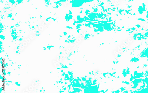 Abstract cyan and white grunge texture background with splattered paint effect. Bright aqua tones scattered across a clean white surface. Rough textured areas resemble ink blots, watercolor stains