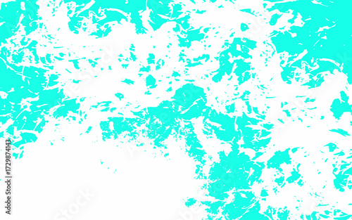 Abstract cyan and white grunge texture background with splattered paint effect. Bright aqua tones scattered across a clean white surface. Rough textured areas resemble ink blots, watercolor stains