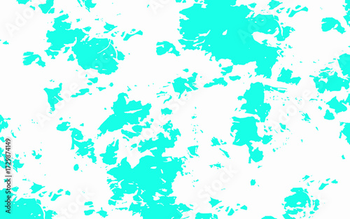 Abstract cyan and white grunge texture background with splattered paint effect. Bright aqua tones scattered across a clean white surface. Rough textured areas resemble ink blots, watercolor stains