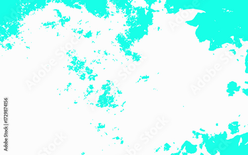 Abstract cyan and white grunge texture background with splattered paint effect. Bright aqua tones scattered across a clean white surface. Rough textured areas resemble ink blots, watercolor stains