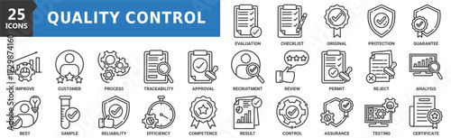 Quality control icon set. Containing evaluation, checklist, original, protection, guarantee, competence, review, permit and more. Outline vector icons collection