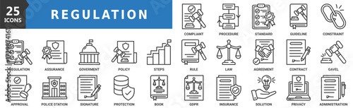 Regulation icon set. Containing design law, legal, compliance, policy, standard, and more. Outline vector icons collection