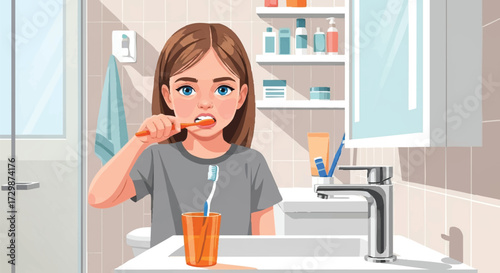 Young girl brushing teeth in bathroom, practicing good oral hygiene