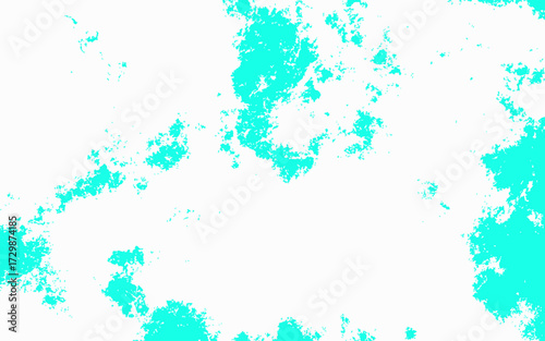 Abstract cyan and white grunge texture background with splattered paint effect. Bright aqua tones scattered across a clean white surface. Rough textured areas resemble ink blots, watercolor stains