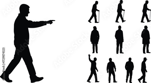 Silhouette people walking, pointing, standing, waving, human posture, body movement, walking cane, teamwork, lifestyle, business concept, abstract design, illustration