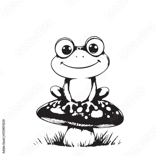 Cartoon Frog on Mushroom Vector — Black and White Whimsical Illustration with Expressive Eyes and Meditative Pose in Nature