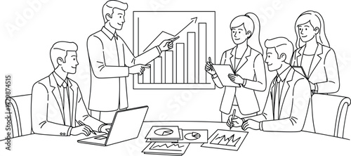 Business meeting presentation with team discussion, growth chart analysis, office teamwork, line art vector illustration