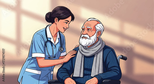 Nurse Comforting Elderly Patient in Wheelchair