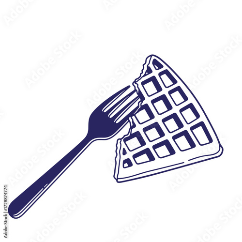 Illustration of a delicious waffle being eaten with a fork on a clean white background