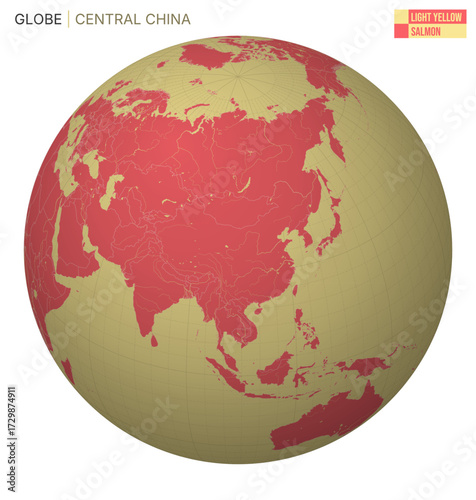 Vector Globe centered to Central China. Light Yellow Salmon palette. World map with meridians, parallels, countries, rivers and lakes. Awesome vector illustration.